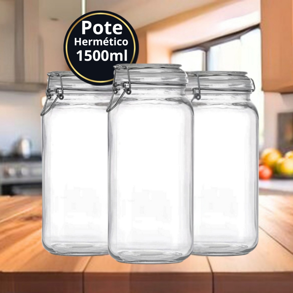 Pote De Vidro Premium 1500ML Hermético Com Trava De Inox Ideal Para Conserva Kit ou Avulso em Oferta na Shopee