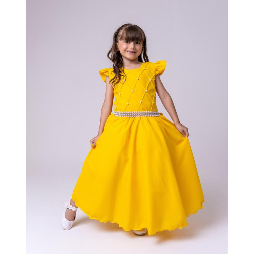 Vestido Infantil Menina Longo Amarelo Forte Dama De Honra Daminha Formatura Casamento Florista