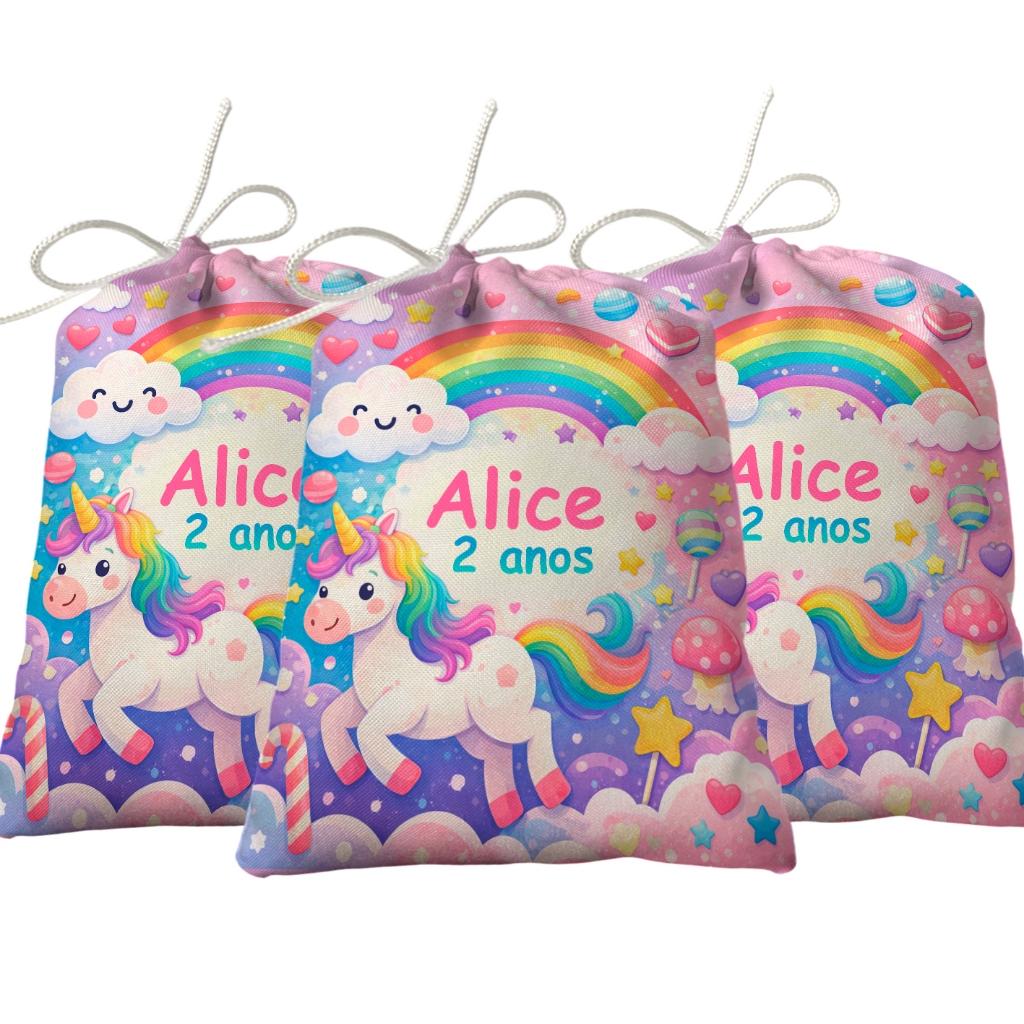 Sacolinha Lembrancinha Festa Aniversário Surpresa Tecido Personalizado Unicórnio