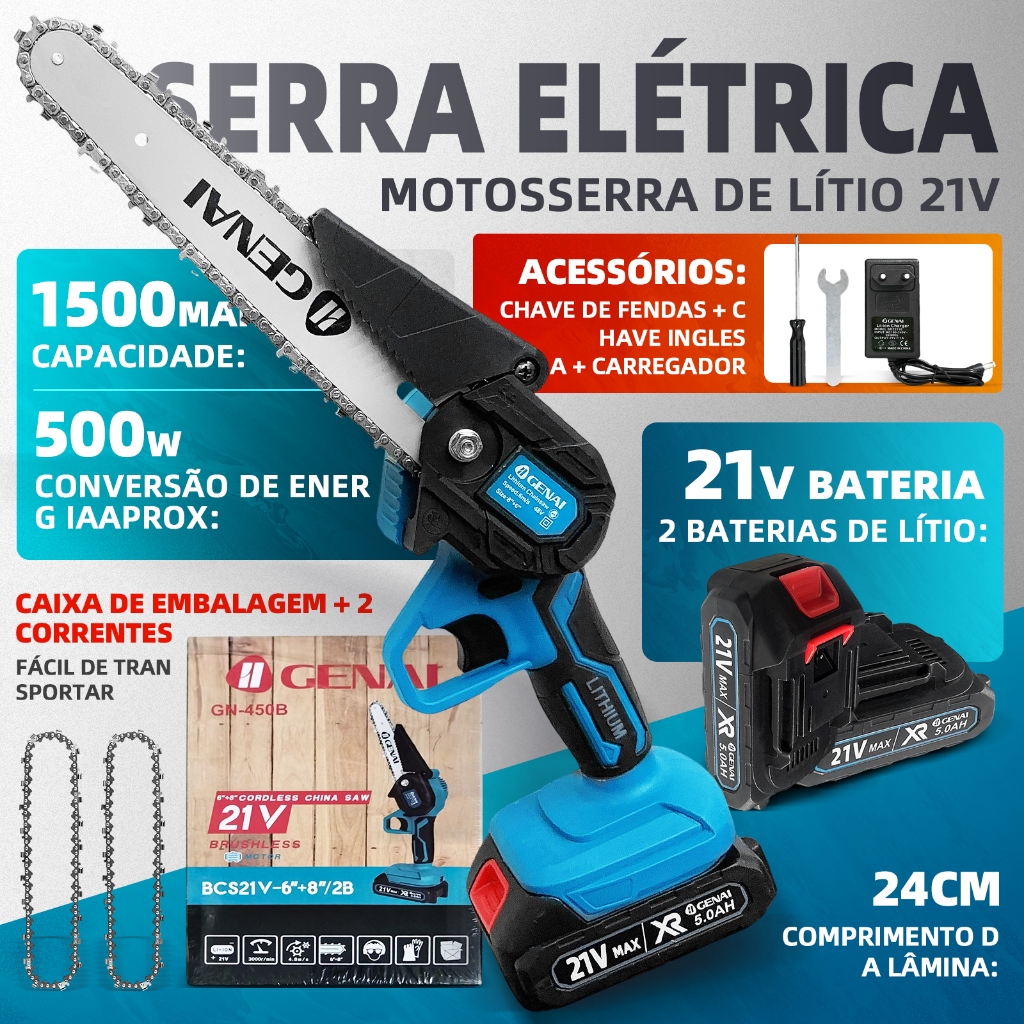 Motoserra Elétrica a Bateria GENAI 21V - 6" e 8" Sem Escova, 2 Baterias de Íons de Lítio, 500W, para Poda e Corte de Mad