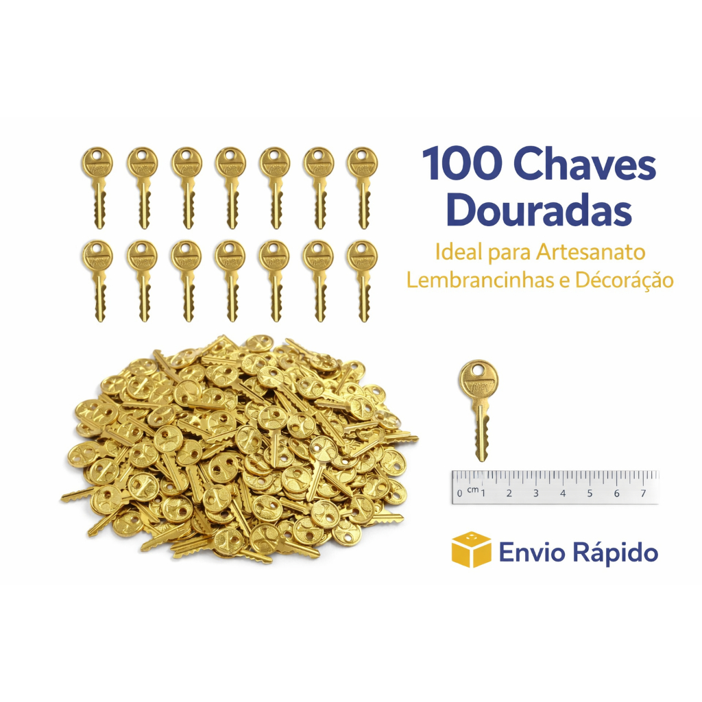 Kit 100 Mini Chaves Douradas Alumínio Para Lembrancinha Festa Artesanato