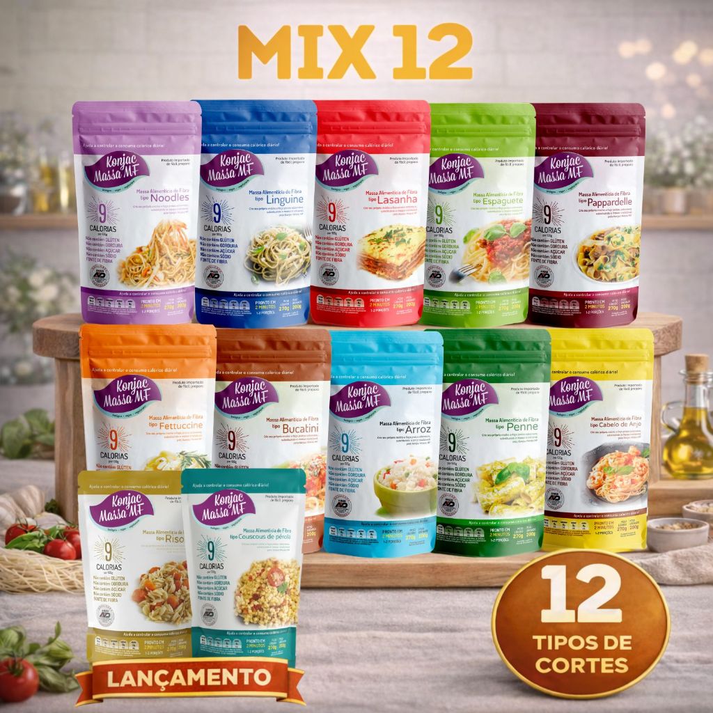 Kit 12 Cortes Mix Konjac Massa Tipo Macarrão Saudável Vegano Fonte de Fibra Para Emagrecer Dietas