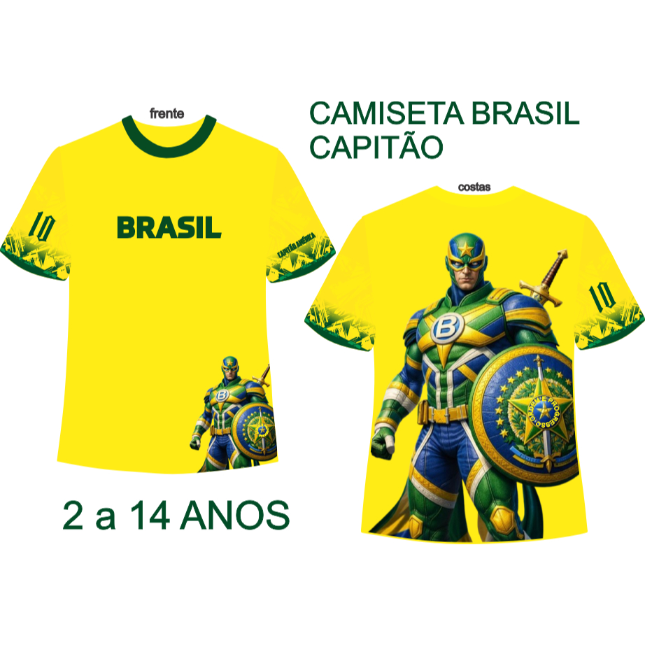 CAMISETA BRASIL INFANTIL MENINO MALHA DRAYFIT CAPITÃO E HOMEM ARANHAÔ