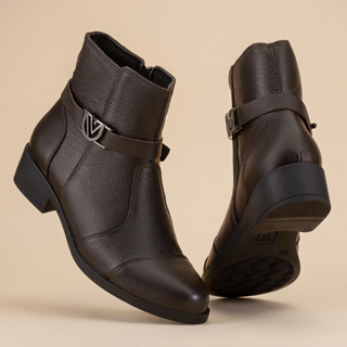 Bota Feminina Vittal Bella Couro Legítimo Cano Curto Tira Fivela Metálica Preto Marrom em Oferta na Shopee