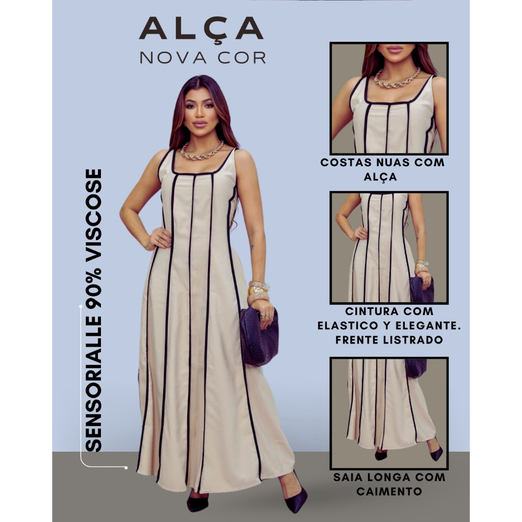 Vestido Feminino Longo Listrado Lastex nas Costas Alça Regulável – Caimento Leve – Estilo Elegante