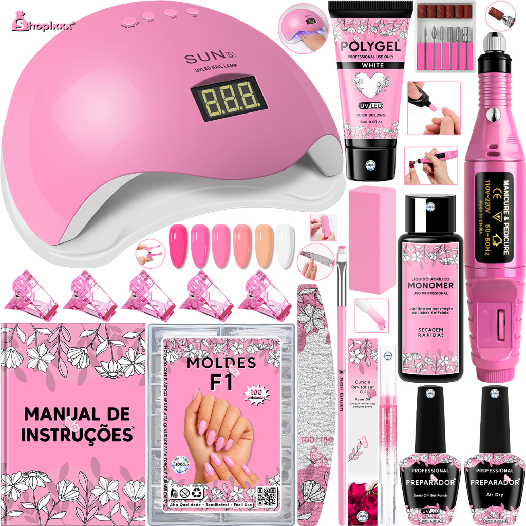 Kit De Unhas Polygel + Lixadeira Caneta + Caneta Oleo Hidratante De Cuticula + Cabine De Unha Estufa Led UV Manicure