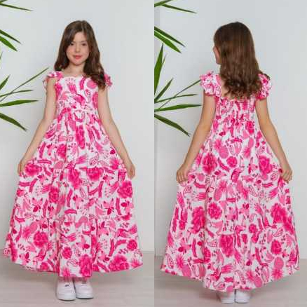 Vestido Longo Feminino Infantil Manga Curta Com Babados Com Estampa