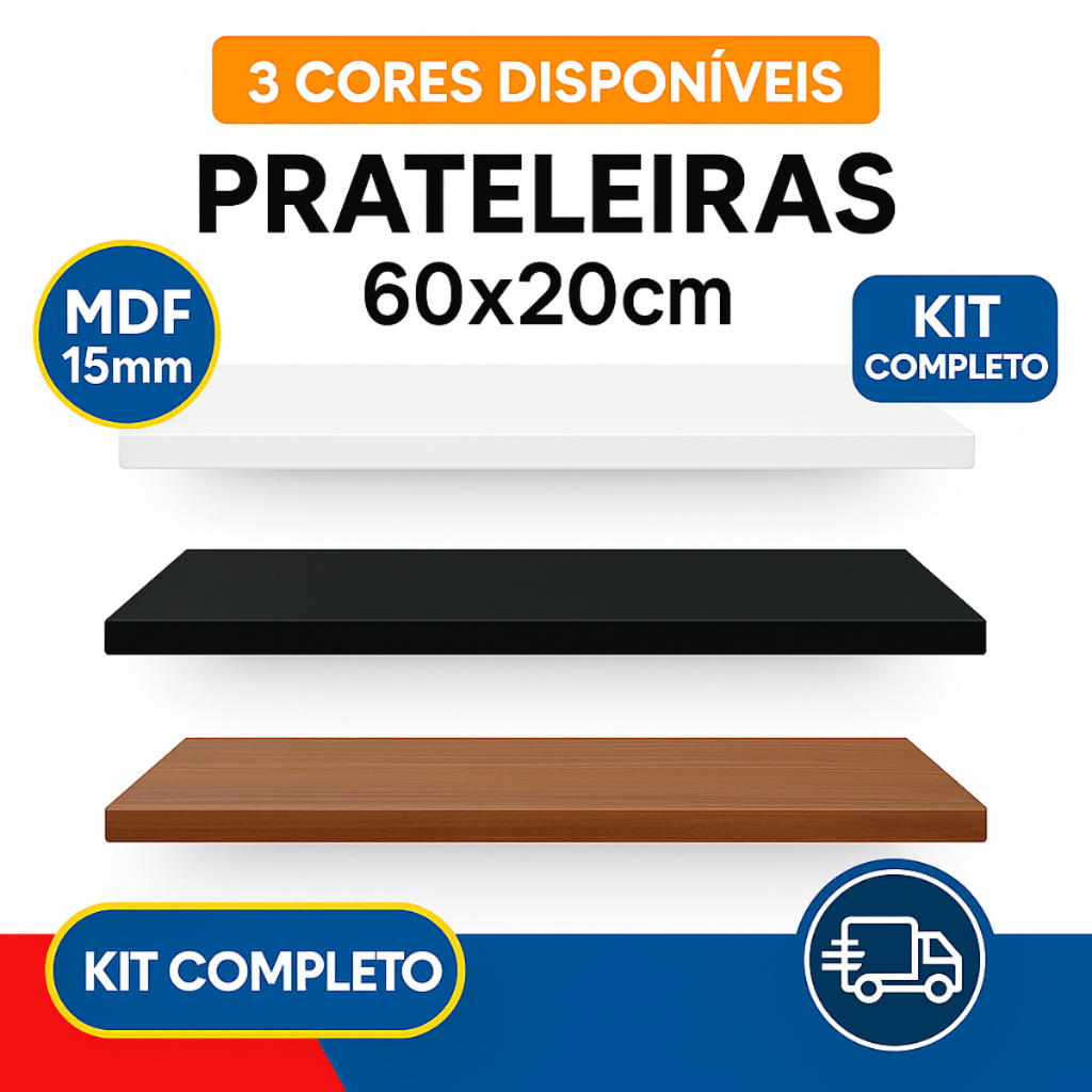 Prateleiras MDF 60x20cm com Suporte Quarto Sala Banheiro Decoração Branca Preta Freijó + Kit Instalação
