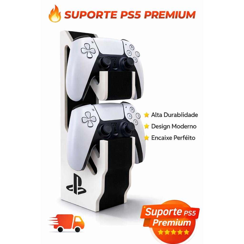 Suporte Vertical PS5 Para 2 Controles DualSense – Organizador Premium Preto e Branco