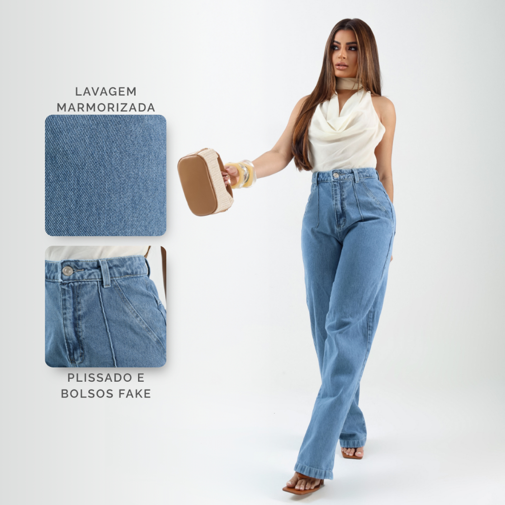 Calça Jeans Feminina Wide Leg Premium Cintura Alta Encorpada Modela o Corpo Jeans Grosso Casual