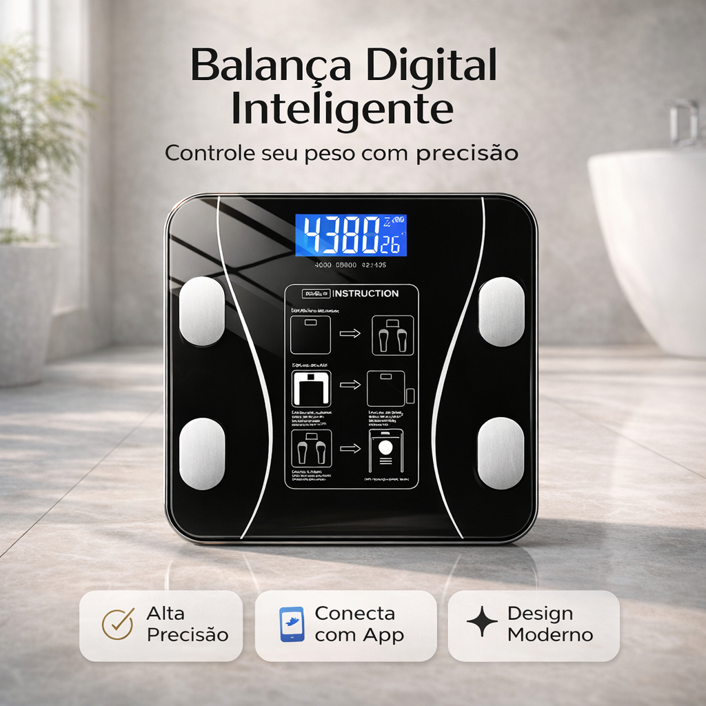 Balança Corporal Inteligente Bluetooth 180kg Bioimpedância Vidro Temperado Preta Para IOS e Android.
