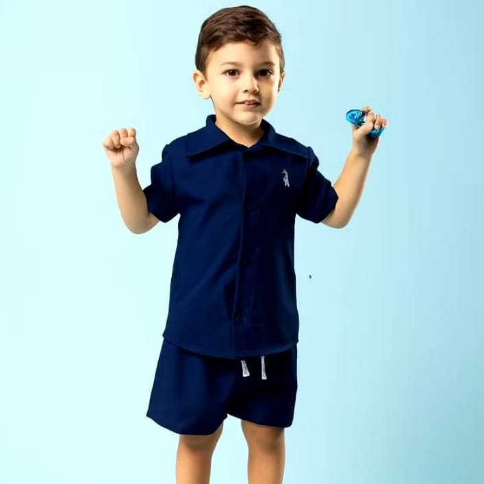 Conjunto Infantil Masculino 2 Peças Roupas de Criança Camisa de Botão e Short Bermuda Tecido Crepinho Menino em Oferta na Shopee