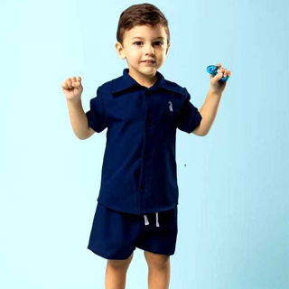 Conjunto Infantil Masculino 2 Peças Roupas de Criança Camisa de Botão e Short Bermuda Tecido Crepinho Menino em Oferta na Shopee