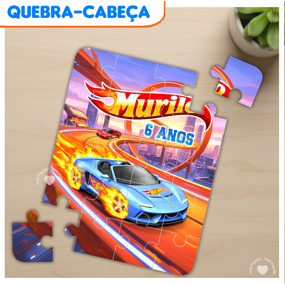 Quebra-Cabeça Hot Wheels Carros Nome e idade Personalizado Lembrancinha 20pçs Festa de aniversário Infantil