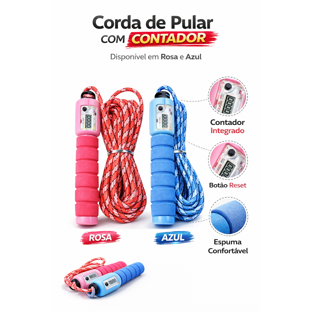 Corda de Pular com Contador Digital Ajustável Profissional Fitness AZUL/ROSA