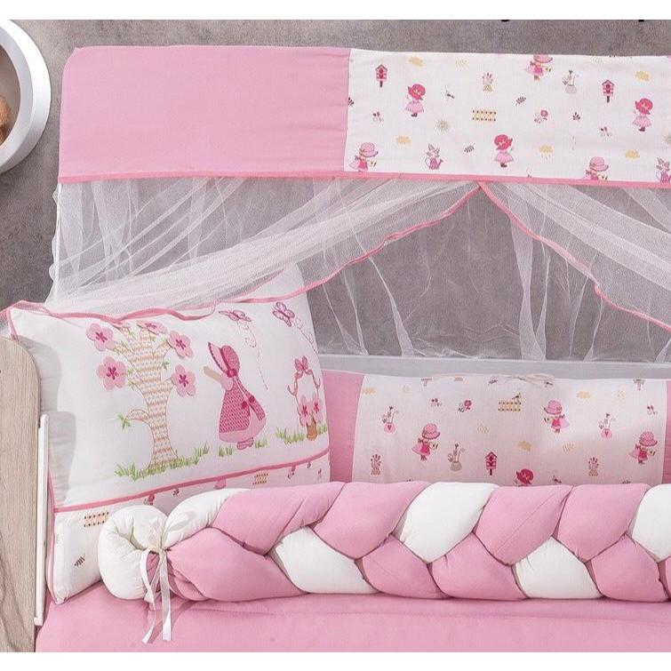 Kit Para Berço Americano 10 Peças CAMPONESA JARDINEIRA Rose Lateral Trançada MENINA  + SAIA DE BERÇO