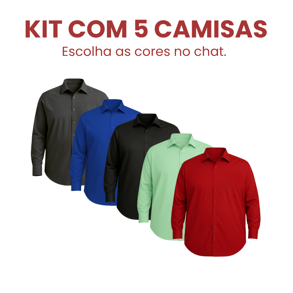 Kit 5 Camisa Social Masculino Slim Lisa Manga Longa Plus Size