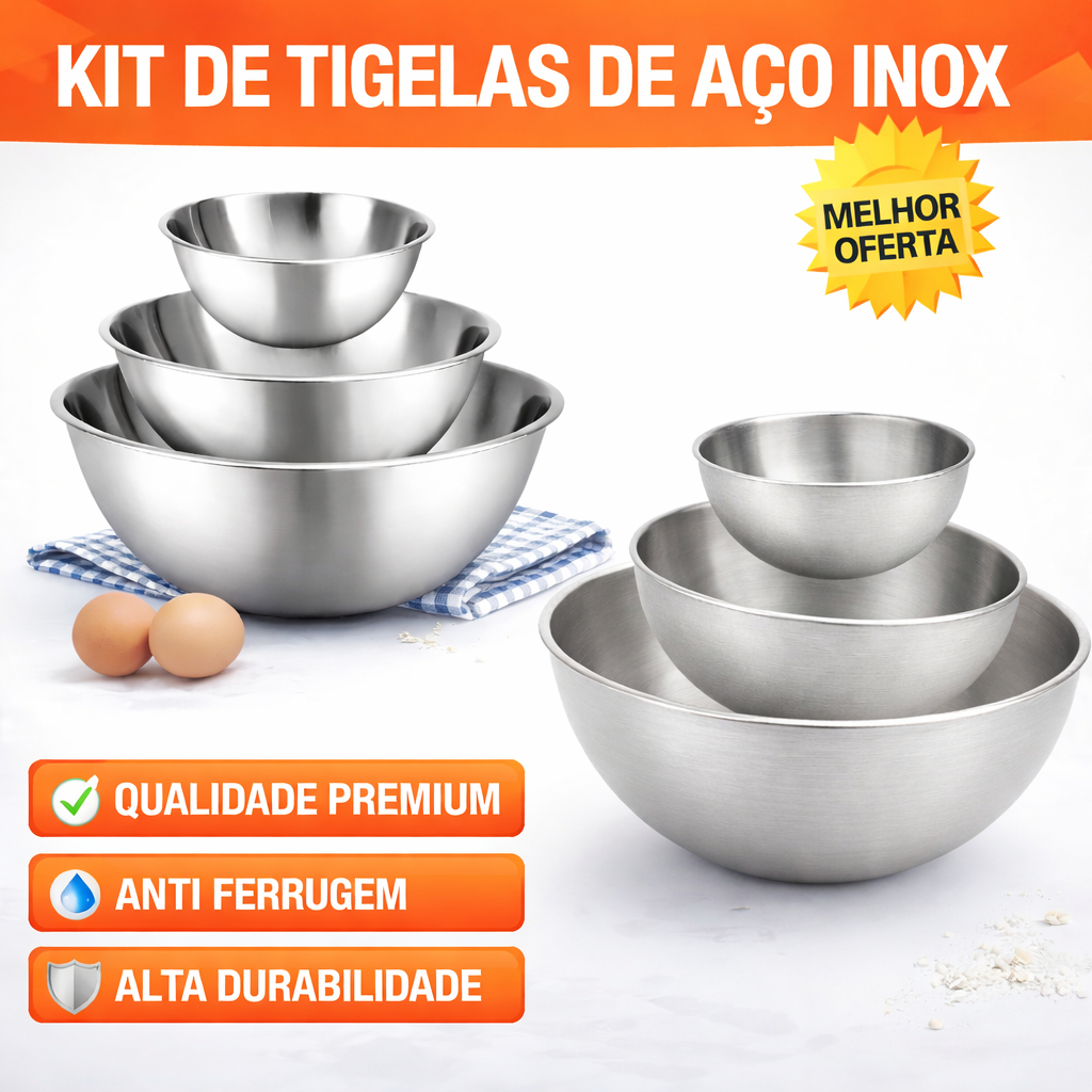 Kit 3 Tigelas Inox Cromada ou Escovada - Bowl Bacia Vasilha Saladeira