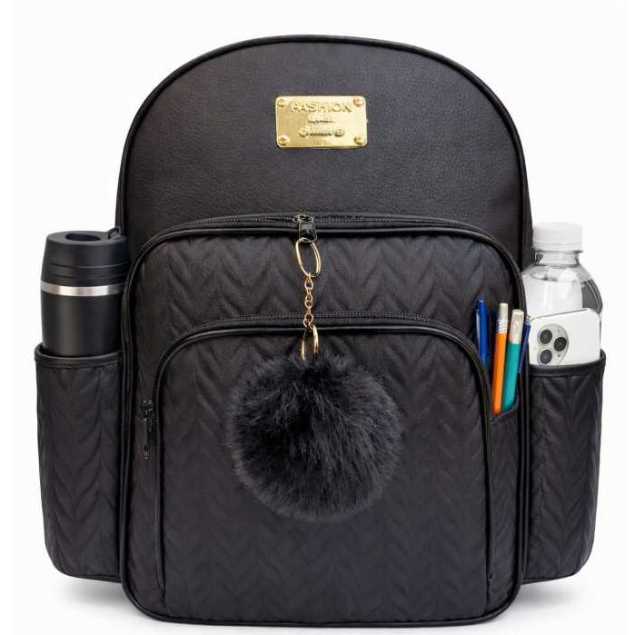 Mochila Feminina  Fashion Gravacao Folha com Pingente e Bolsos Laterais Chaveiro Pompom em Oferta na Shopee