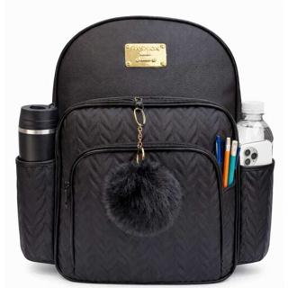Mochila Feminina  Fashion Gravacao Folha com Pingente e Bolsos Laterais Chaveiro Pompom em Oferta na Shopee