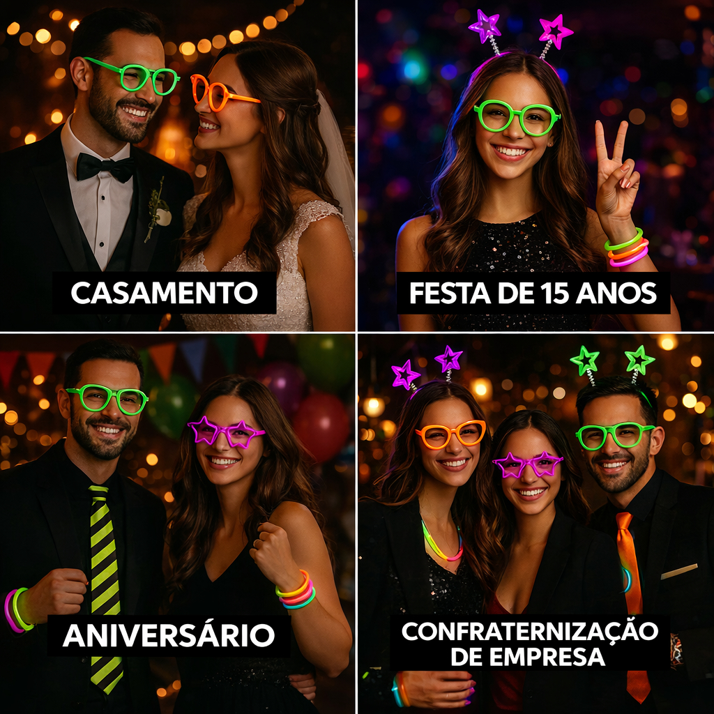 Detalhes do Kit Balada Festa Neon 130 peças 100 Pulseira, 10 Óculos, 10 Tiaras, 10 Gravatas Casamento Divertido