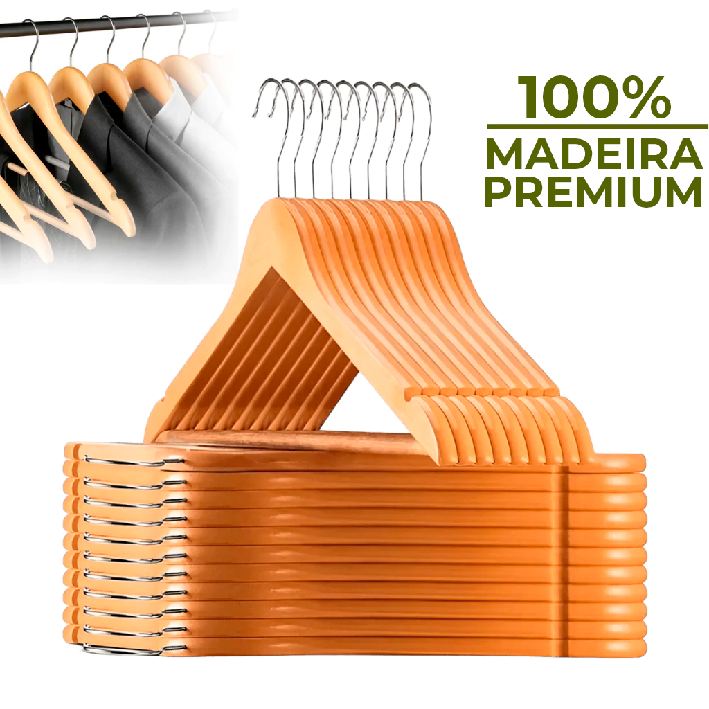 Kit 50/100 Cabides De Madeira Premium Marfim Para Roupas Calça Gancho Cromado