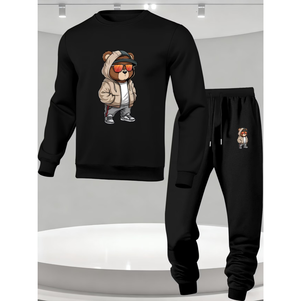conjunto moletom masculino canguru algodão100% flanelado urso estiloso