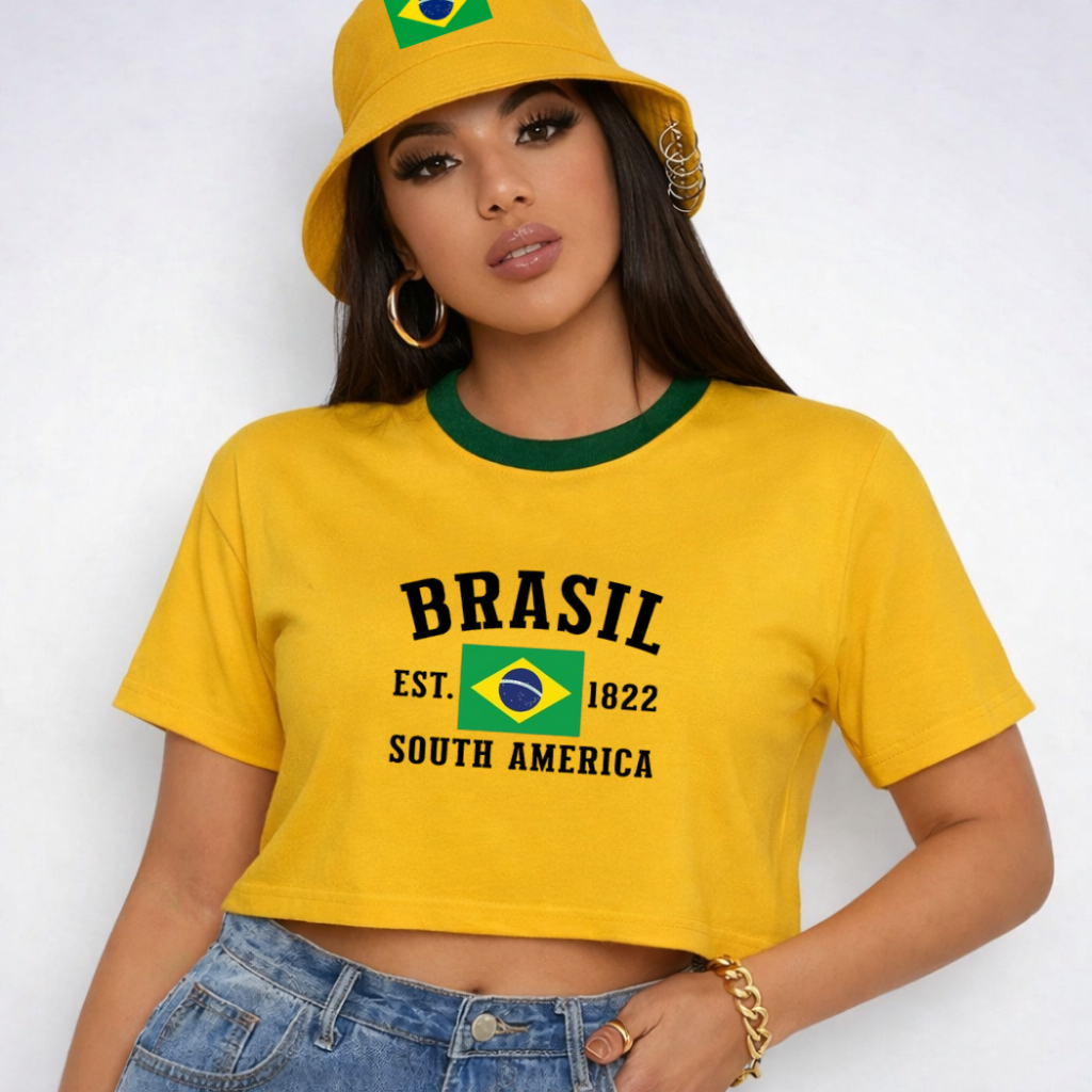 Cropped Oversized Brasil South América 1822 Feminino Copa do Mundo 100% Algodão ENVIO IMEDIATO