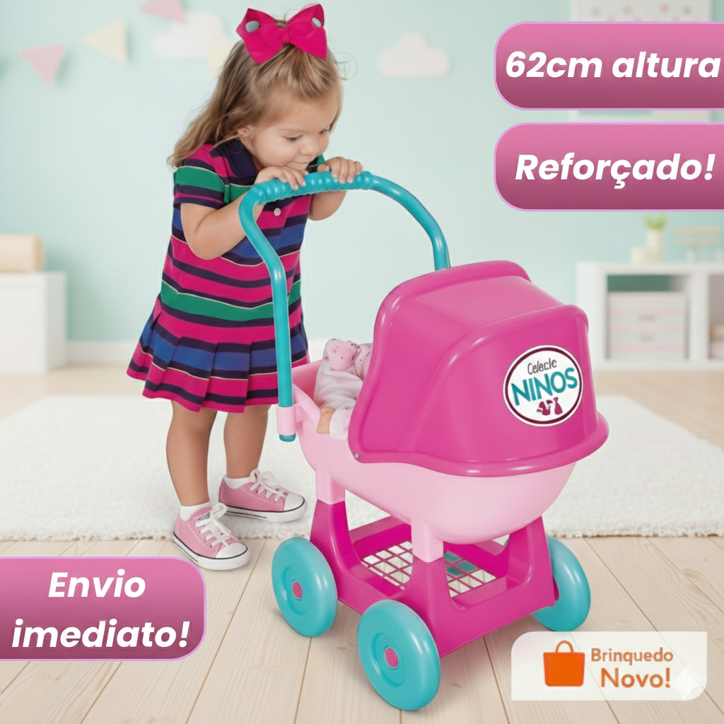 Carrinho de Boneca Bebê Grande Niños Cotiplás Rosa Alive Infantil Passeio Brinquedo Meninas 62cm