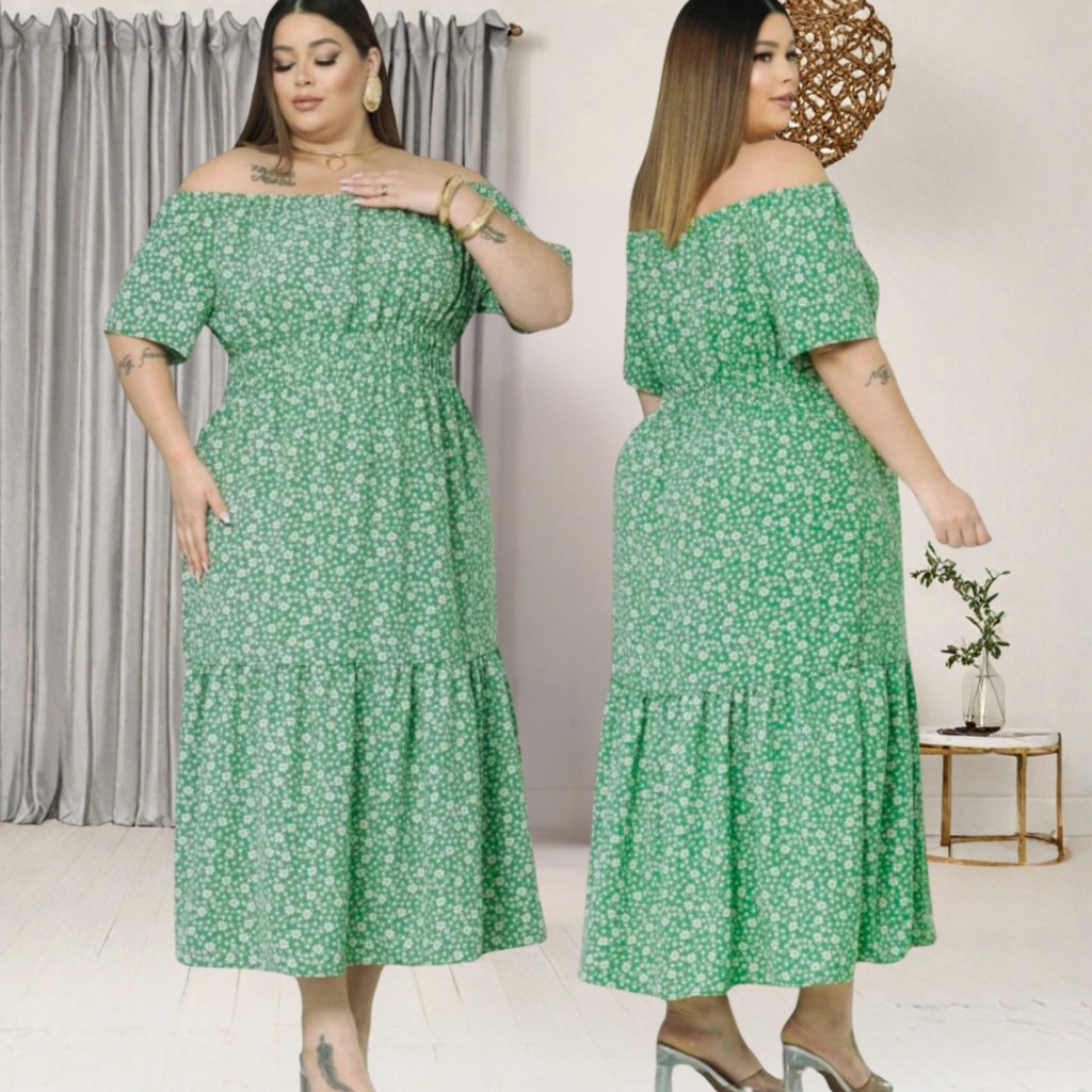 Vestido Longo Ombro a Ombro Plus Size 40 ao 52 Tecido Duna com Elastex na Cintura e Babado Franzido