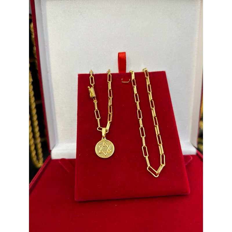 Cordão tijolinho 4mm 70cm banhado a ouro com pingente estrela de Davi