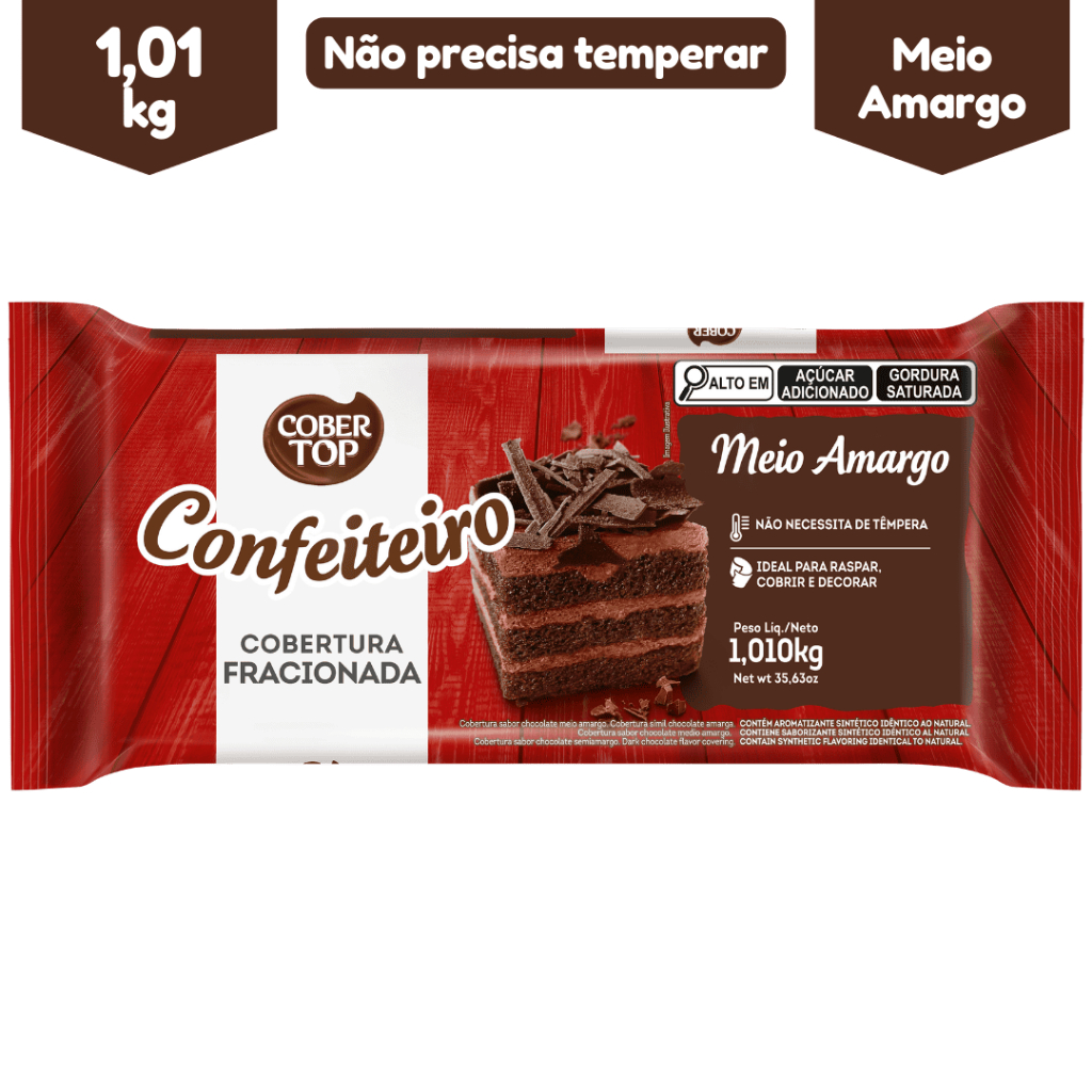 Cobertura Confeiteiro Sabor Chocolate Meio Amargo Barra 1,01kg Cobertop Profissional Raspas Cortes