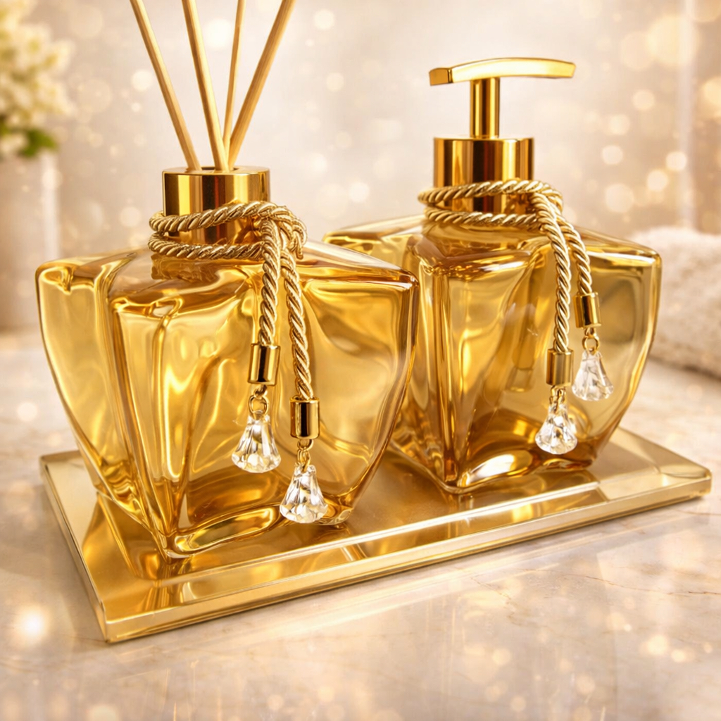 kit lavabo estrela mel com detalhes ouro bandeja espelhada em Oferta na Shopee