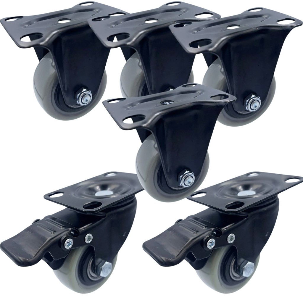 Rodinha Rodizio Roda Com Trava Freio e Fixa Antirisco PVC Móveis Pesados 600kg Kit 6 Unid