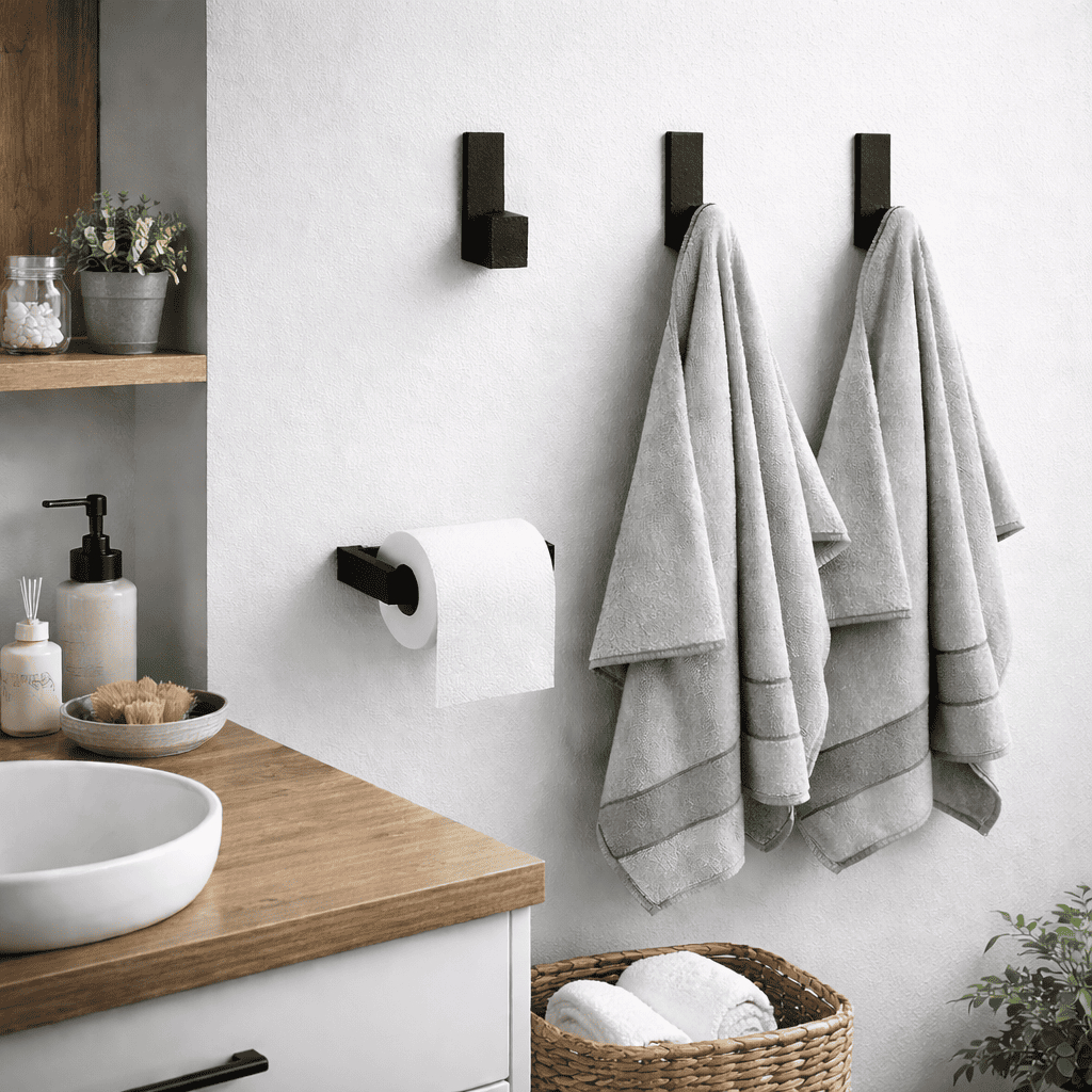 Suporte Porta Papel Higiênico Preto/Cinza Adesivo + Suporte Toalha Gancho Adesivo Preto/Cinza