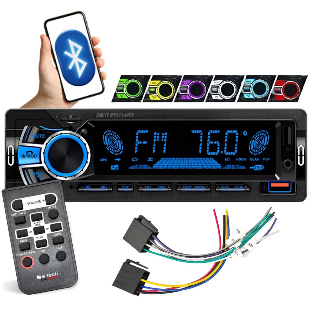 Auto Radio Bluetooth Usb 7 Cores Led 4 Canais 60w Potente