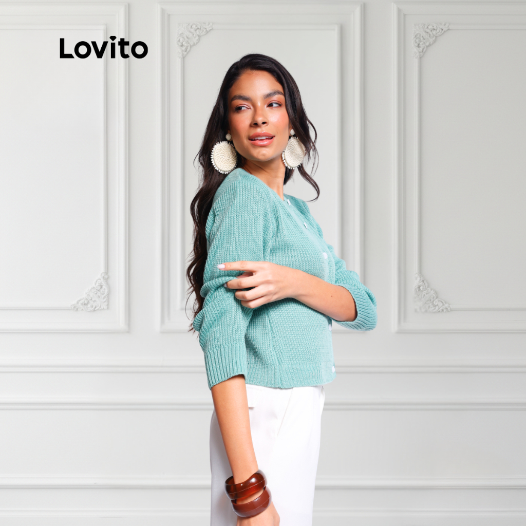 Lovito Cardigan Tricot Outono Inverno Botoes Moda Casual Feminina BRCDB1416BRL1446 em Oferta na Shopee
