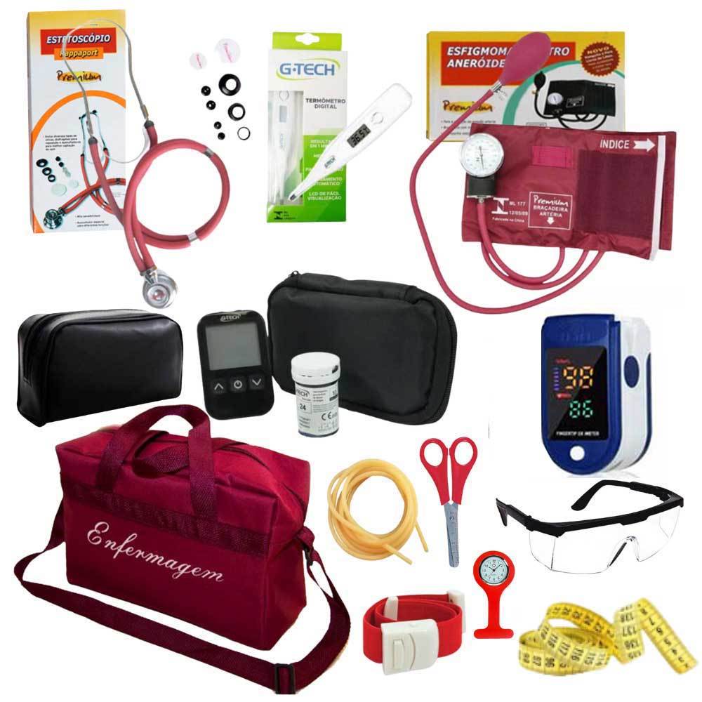 Kit da Enfermagem Completo 12 Itens Aparelho de Medir Glicose Glicosimetro + Oximetro de Dedo