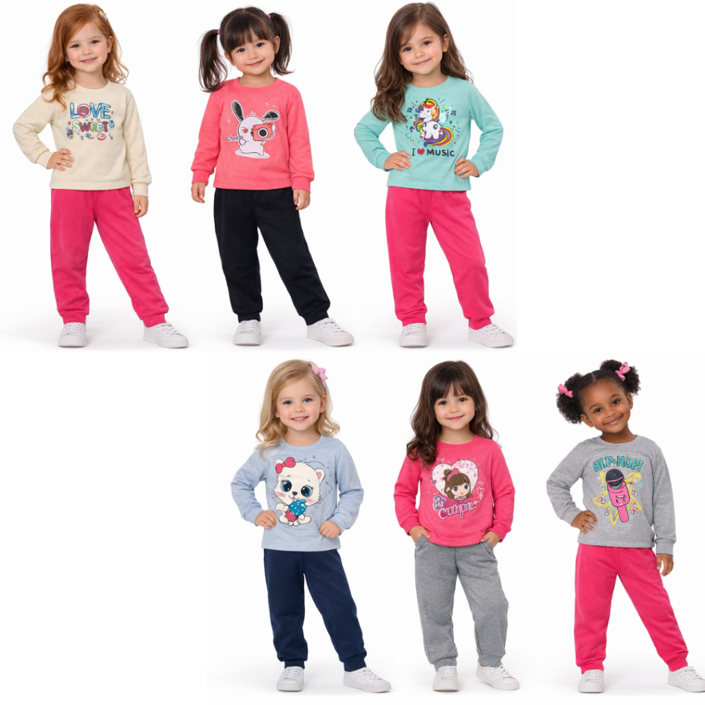 Kit 6 Peças Roupa Infantil Feminina de Inverno Kit com 3 ou 1 Conjuntos Moletom Flanelado Linha Basica, Estampa Sortidas