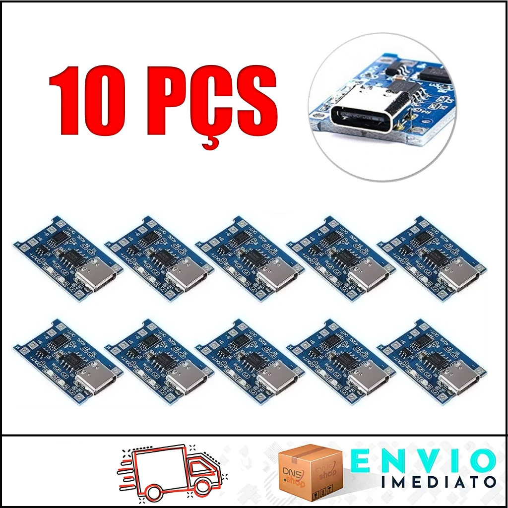 Kit c/ 10 Módulo TP4056 Carregador Usb Tipo C Bateria Lítio c/proteção