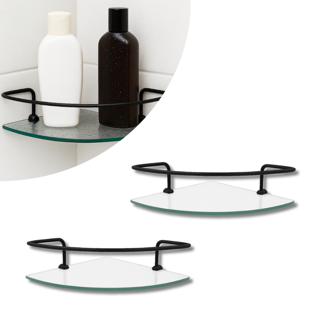 Porta Shampoo Canto 30cm Vidro Incolor Haste e Suporte Fixação Preto Fosco Dupla Fixação Prateleira em Oferta na Shopee