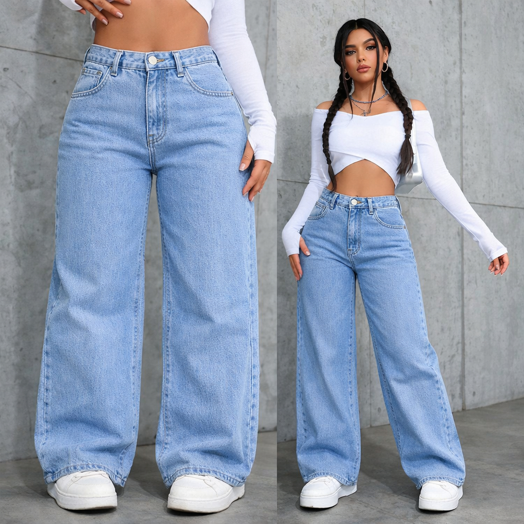Calça Wide Leg Jeans Feminina Marmorizada Cintura Alta 34 ao 46 Pantalona Levanta Bumbum Perna Larga em Oferta na Shopee