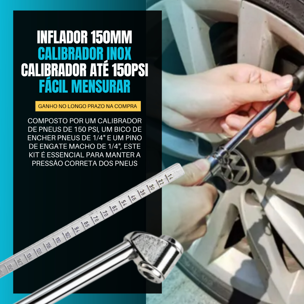 Kit Calibrador Medidor de Pressão 150psi E Bico Encher Pneu c/ Pino de Engate 1/4" Rosca Macho — imagem 2 de 2