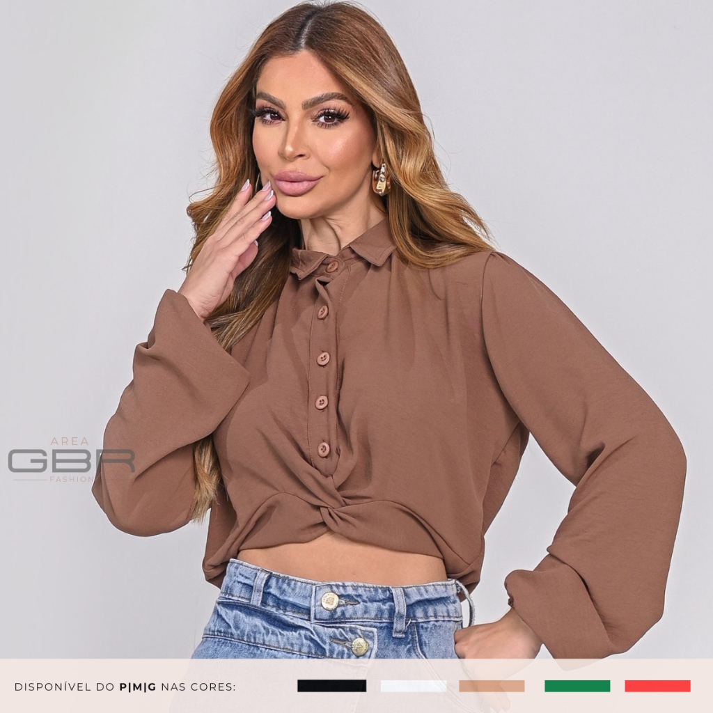 Camisa Feminina Cropped Alfaiataria Manga Longa Confortável Casual Chic em Oferta na Shopee