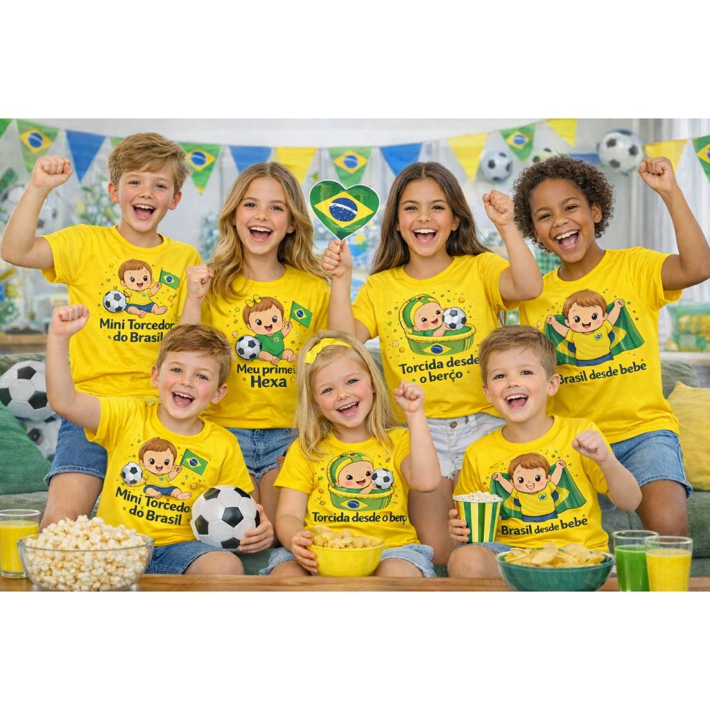 Camiseta Infantil Tema Futebol Brasil Copa do Mundo Camisa 100% Algodão