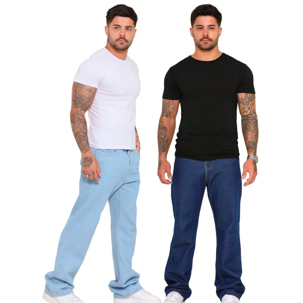 Kit 2 Calça Balao Jeans Masculina Oversize Perna Larga sem Elastano