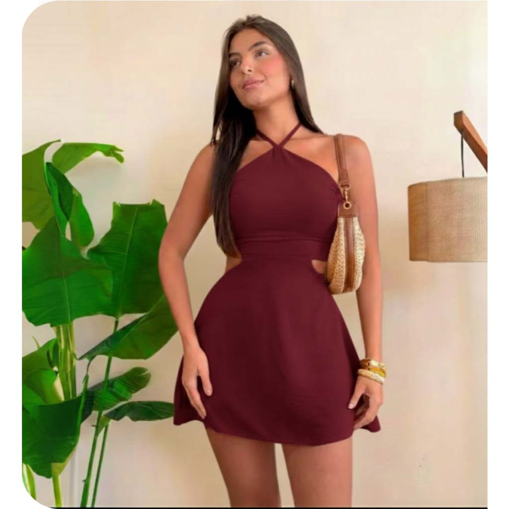 Vestido Feminino com Short e Bojo, Gola Alta com Amarração, Recortes Laterais Modernos