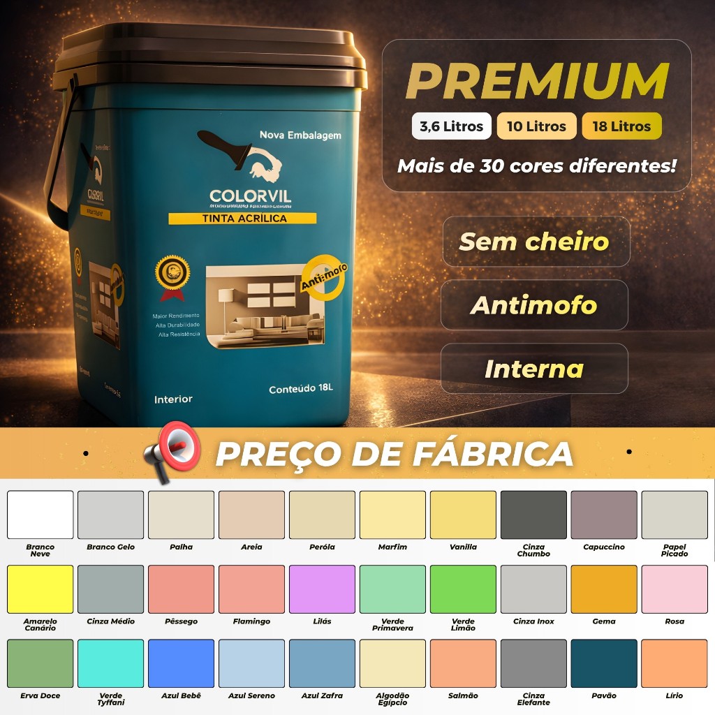 Tinta Parede Acrílica 18 10 3,6 litros Colorvil Sem Cheiro Anti-mofo Maior rendimento Alta Cobertura Tinta Parede Acrílica 18 10 3,6 litros Colorvil Sem Cheiro Anti-mofo Maior rendimento Alta Cobertura