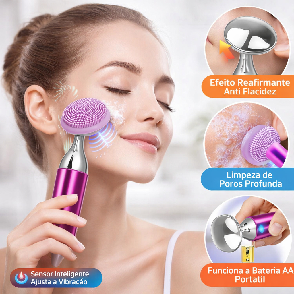Massageador Facial Elétrico Inox com Vibração Reafirmante e Limpeza Profunda a Bateria Portátil