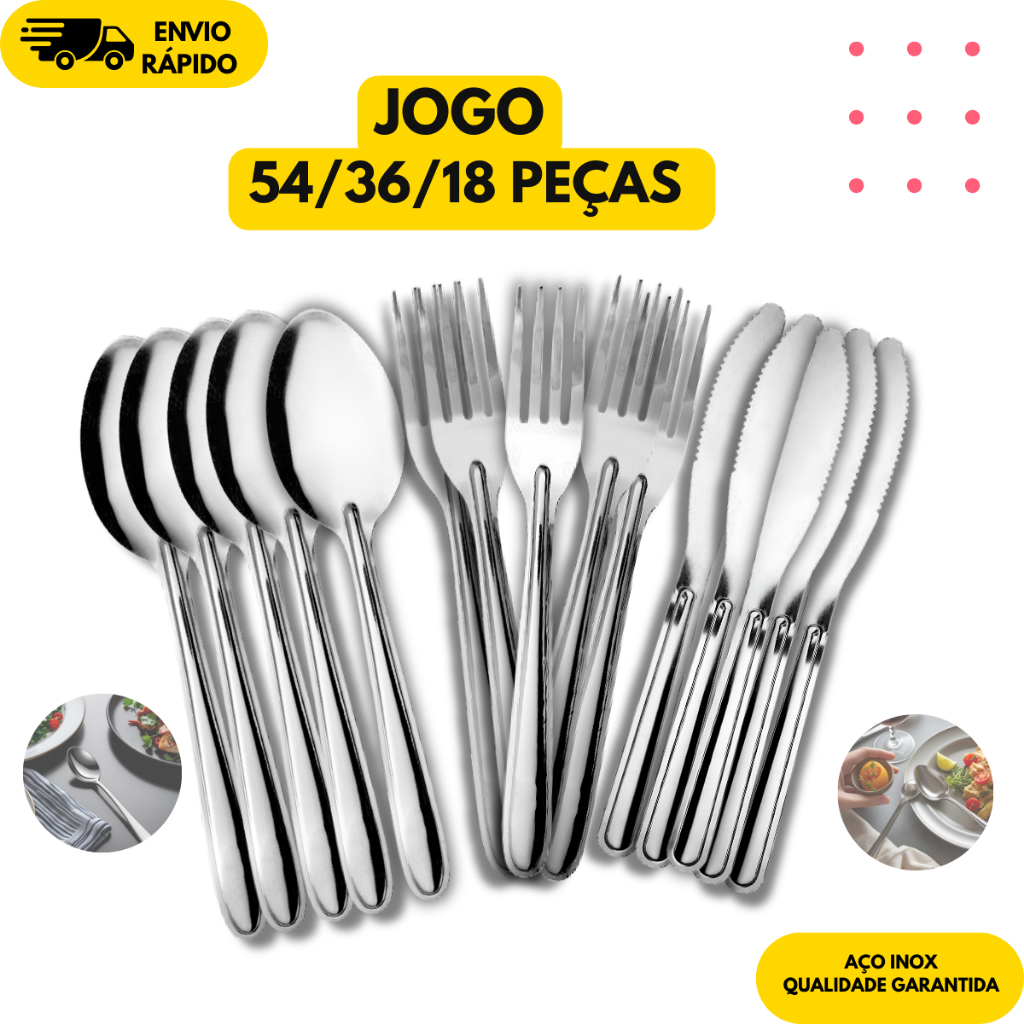 Kit Jogo de 54/36/18 Talheres Garfo Faca Colher Aço Inox Cozinha Jantar Restaurante Buffet Bar